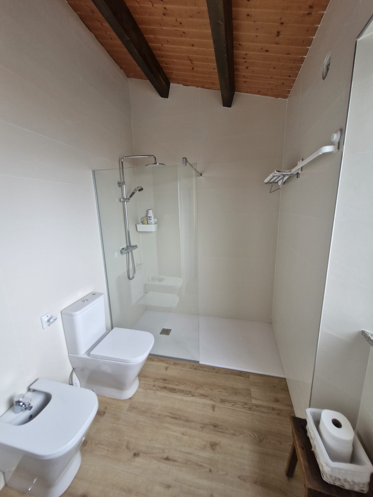 Ducha con mampara de vidrio y bidé de la habitación principal